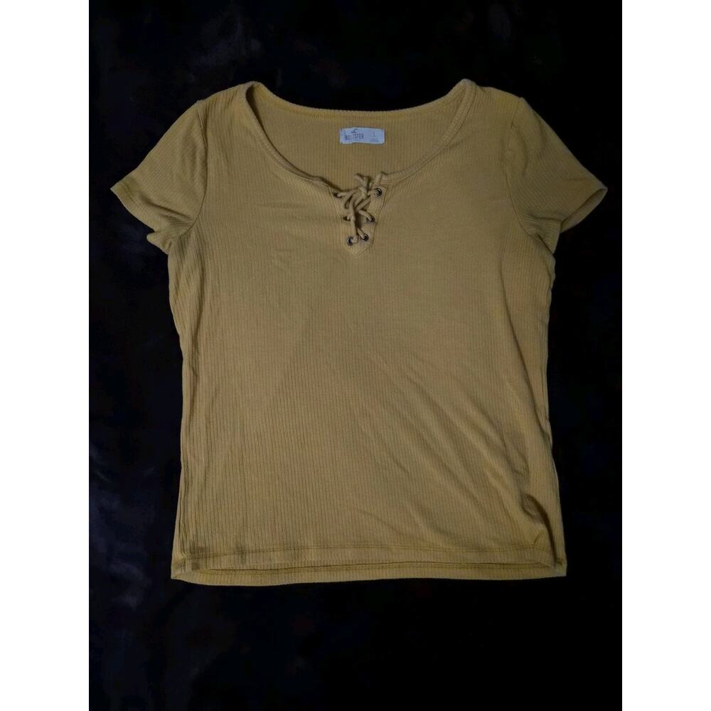 Size L Hollister Lace Up Ribbed Mustard Yellow Short Sleeve Stretch Top Baby Tee